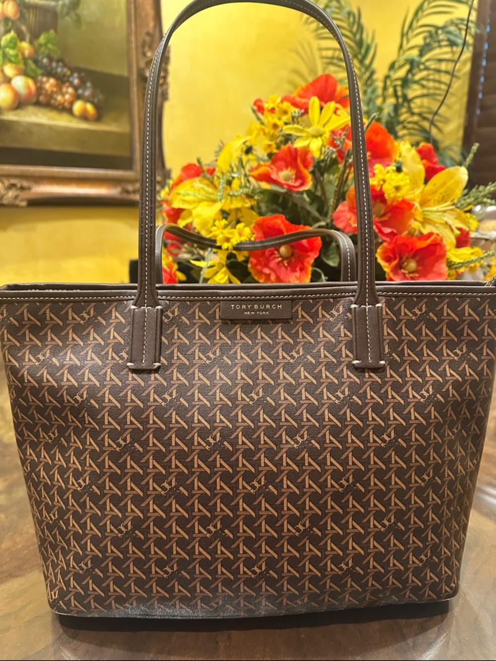 Tory Burch Small Ever Ready Zip Tote in Walnut.